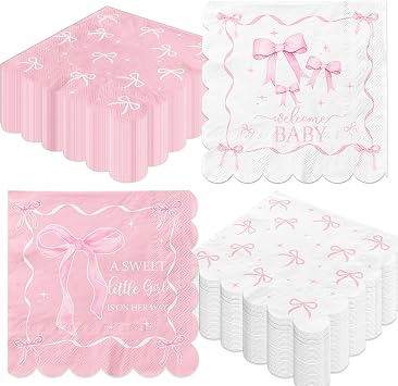 50Pcs Pink Bow Baby Shower Napkins,A Sweet Little Girl is on Her Way Party Decorations Coquette Bow Birthday Party Napkins for Sweet Baby Girl Baby Shower,Pink Bow Birthday Party Decor
