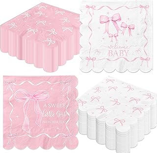 50Pcs Pink Bow Baby Shower Napkins,A Sweet Little Girl is on Her Way Party Decorations Coquette Bow Birthday Party Napkins for Sweet Baby Girl Baby Shower,Pink Bow Birthday Party Decor