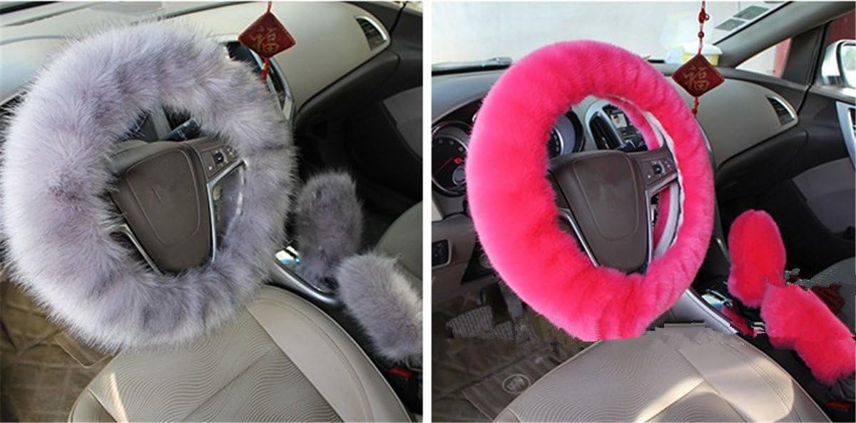BININBOX 3pcs 1 Set Car Steering Wheel Cover with Handbrake Gear Shift Cover Soft Fluffy Plush for 38cm 15" Winter Warm (7)