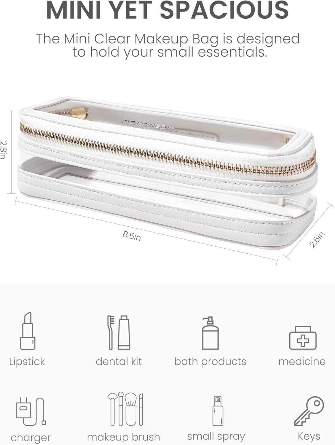 ROWNYEON Small Waterproof Toiletry Organizer Train Case, CLear Travel Makeup Bag for Women，Transparent Cosmetic Bag，Portable Makeup Case Organizer (White)