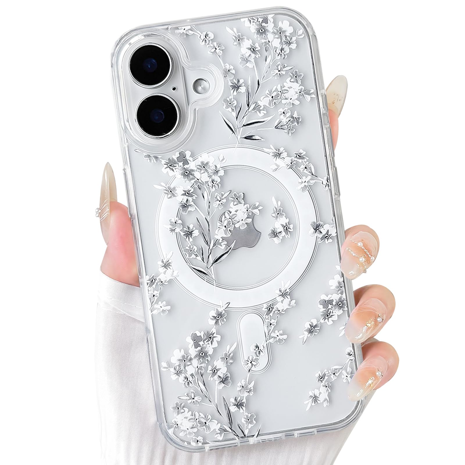 NITITOP Compatible with iPhone 16 Plus Case Clear Magnetic Compatible with MagSafe Cute Flowers Floral Leaves for Women Girls Hard PC Back Shockproof