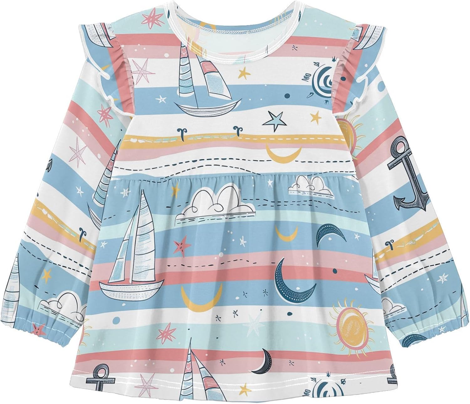 visesunny Toddler Clothes for Girls Linear Sunboat Anchor Pattern Long Sleeve Fall Shirts Cotton Top with Ruffle Collar