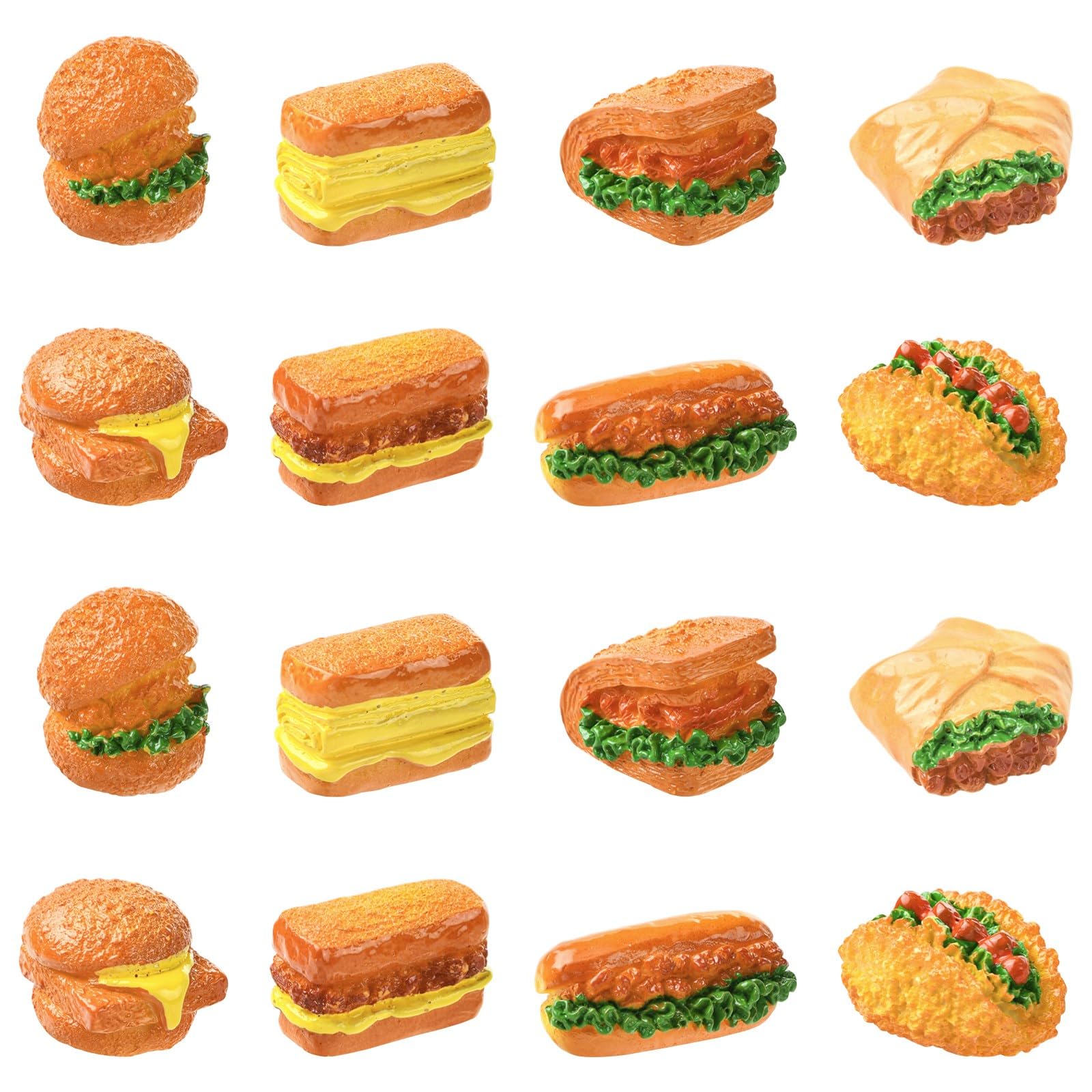 UR URLIFEHALL 16 Pcs 8 Styles Mini Hamburger Resin Figurines 3D Fast Food Dollhouse Accessories for Micro Landscapes Tabletop Room Decor