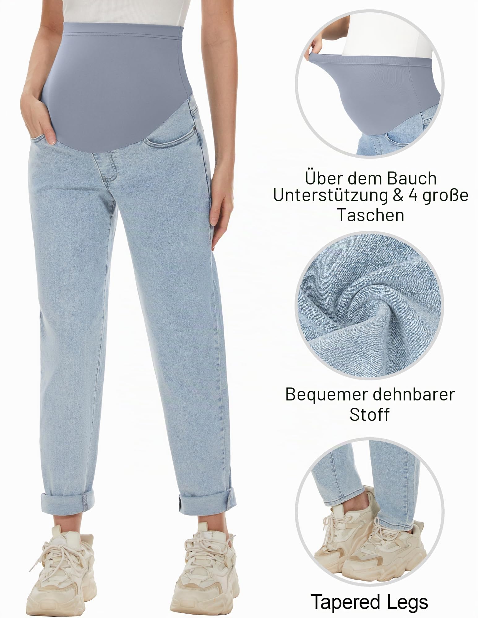 AVOG Umstands-Boyfriend-Jeans, hohe Taille, dehnbar, Denim, Schwangerschaftshose mit 4 Taschen