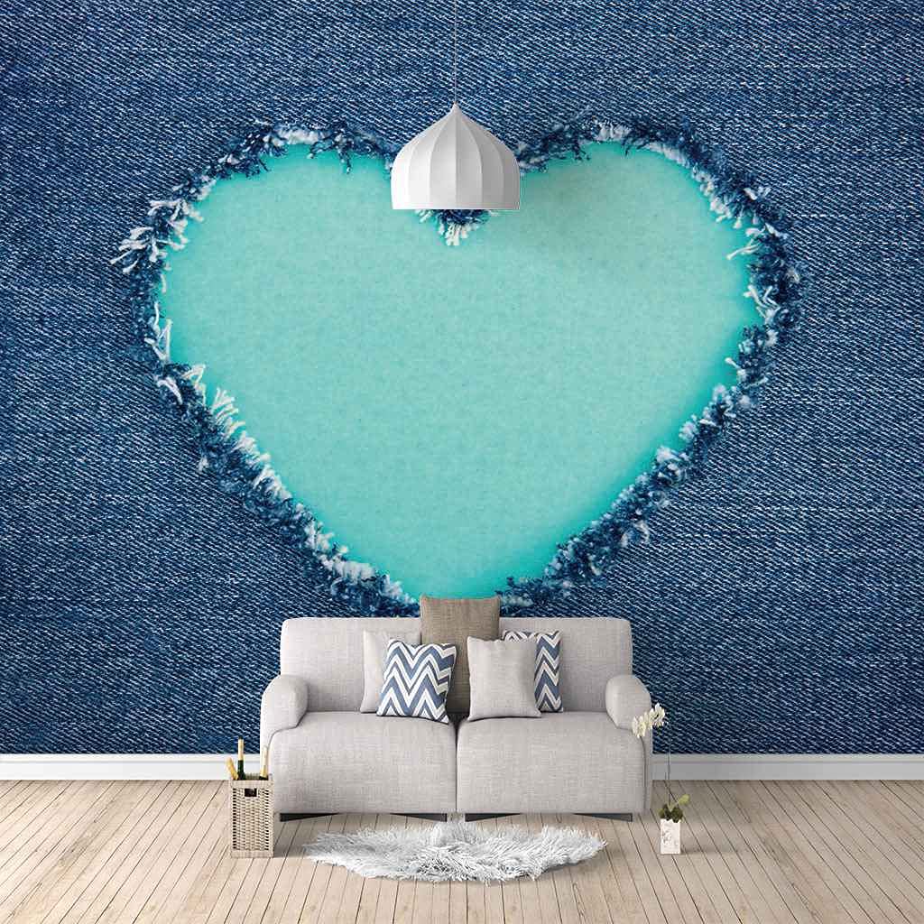 Toile auto-adhésif 3D cœur bleu denim pour masquer les imperfections murales du salon