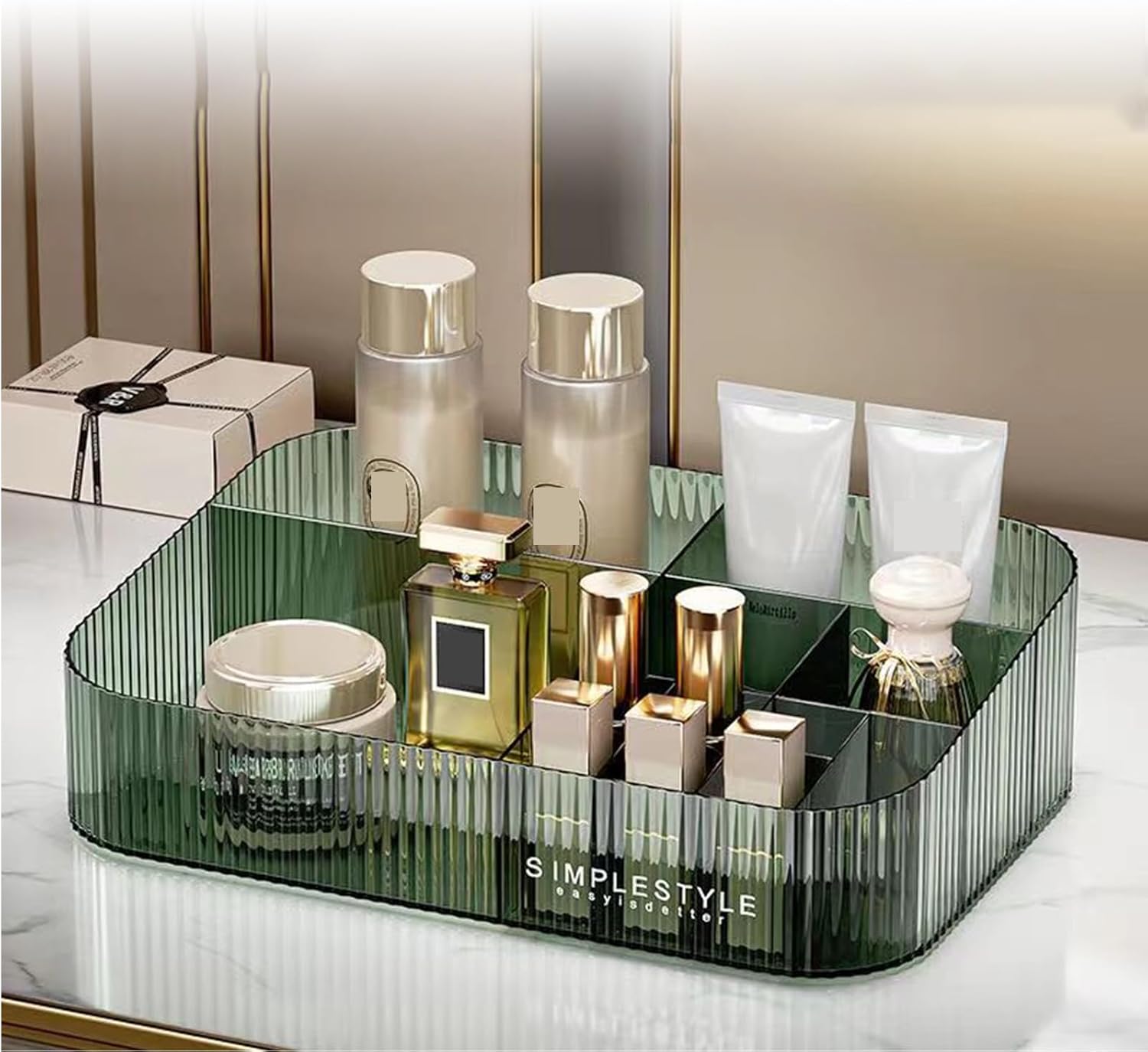 Makeup Organizer with Drawers, Stackable Cosmetics Organizer, Large Make Up Organizer Storage Box, Ideal for Bathroom Countertop and Desk (1 x Tray, Green)