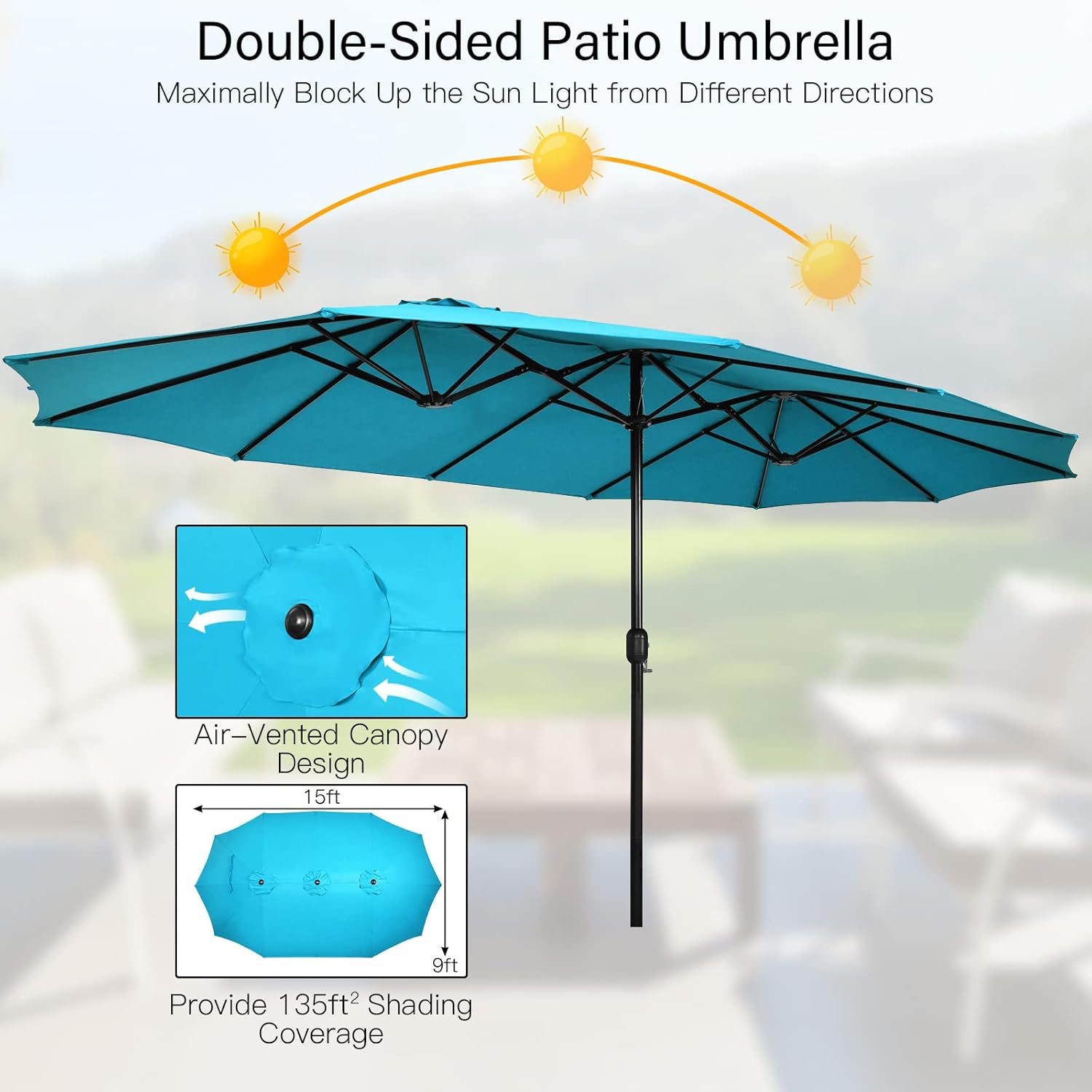 Tangkula 15FT Double-Sided Patio Umbrella with Base, Extra-Large Market Umbrella W/Crank System, Outdoor Twin Umbrella W/ 12-Rib Metal Structure & Air Vents for Garden, Backyard, Poolside (Turquoise)