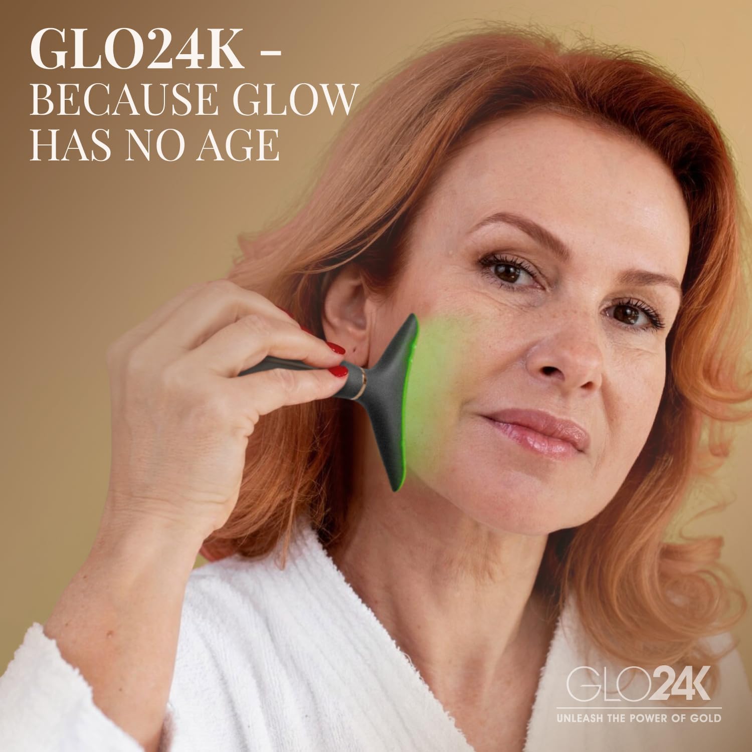 GLO24K - Dispositivo di bellezza per ringiovanimento della pelle per viso e collo. basato su tecnologie a LED a tripla azione, termiche e vibrazioni.