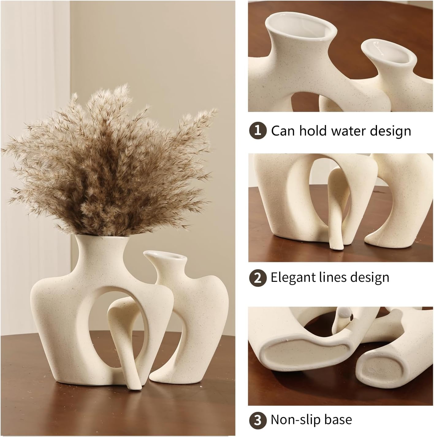 Ceramic Vases for Decor, Set of 2 Small Decorative Vase Modern Boho Aesthetic Flower Vases for Table Centerpiece Dining Room Shelf Living Room Office Décor, Beige - Image 4