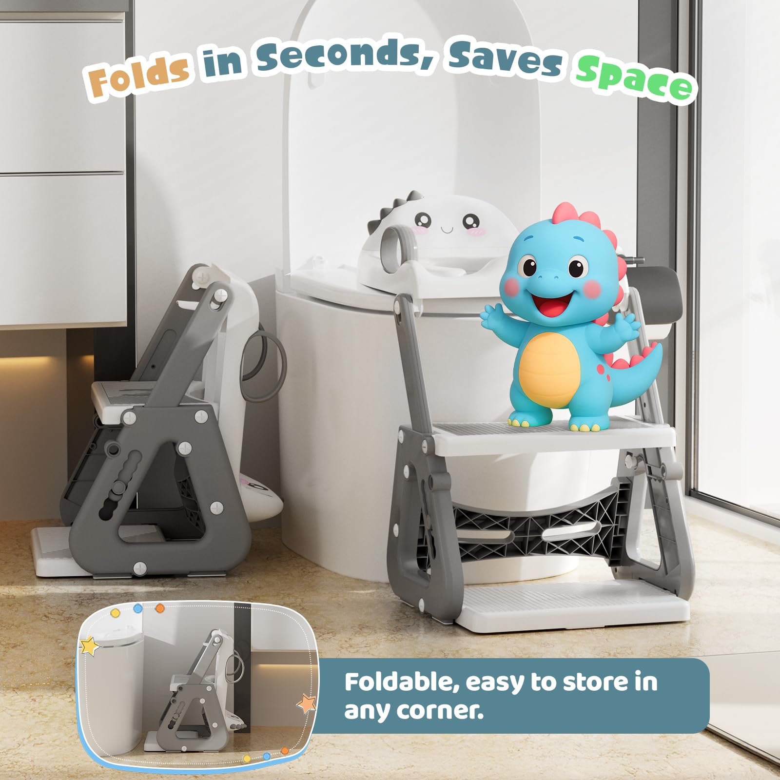 Riduttore Wc Bambini con Scaletta, 2 In 1 Scaletta Wc Per Water Bambini con Struttura a Triangolo, Paraspruzzi Estesi Regolabile e Pieghevole Sgabello Antiscivolo, Adattatore per Bambino e Cuscino