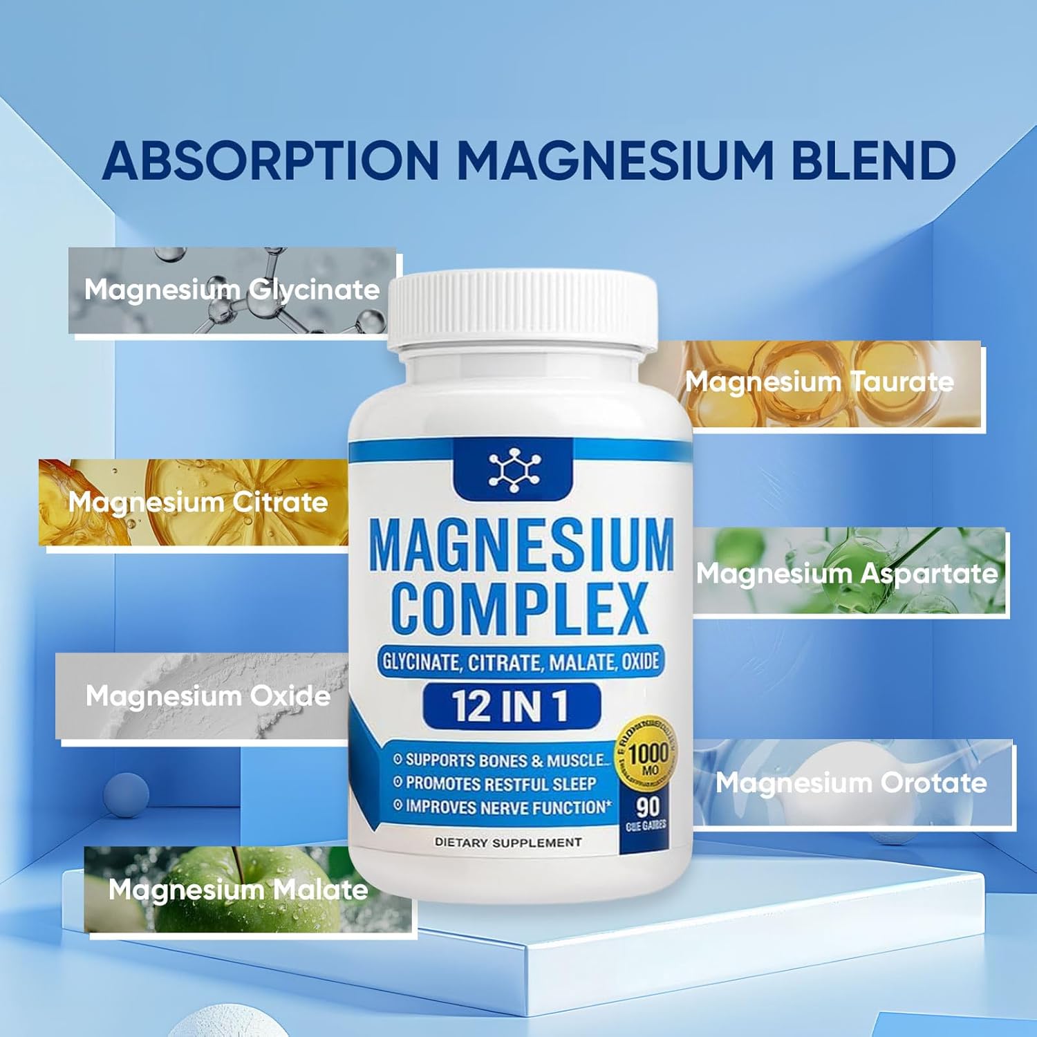 Magnesium Complex 7 Elemental Supplement - Magnesio Complex 1000mg Forms Including Glycinate, Citrate, Malate, Taurate Chelated | Energy Support | Vegan Non-GMO, 90 Capsules (2)
