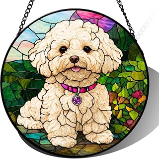 Stained Glass Suncatcher Poodle Window Hanging, Cute Dog Art Glass Decor, Pet Memorial Gift for Mom, Birthday Gift for Dog Lover, Colorful Home Wall Ornament (Mixed,6.3x6.3IN)