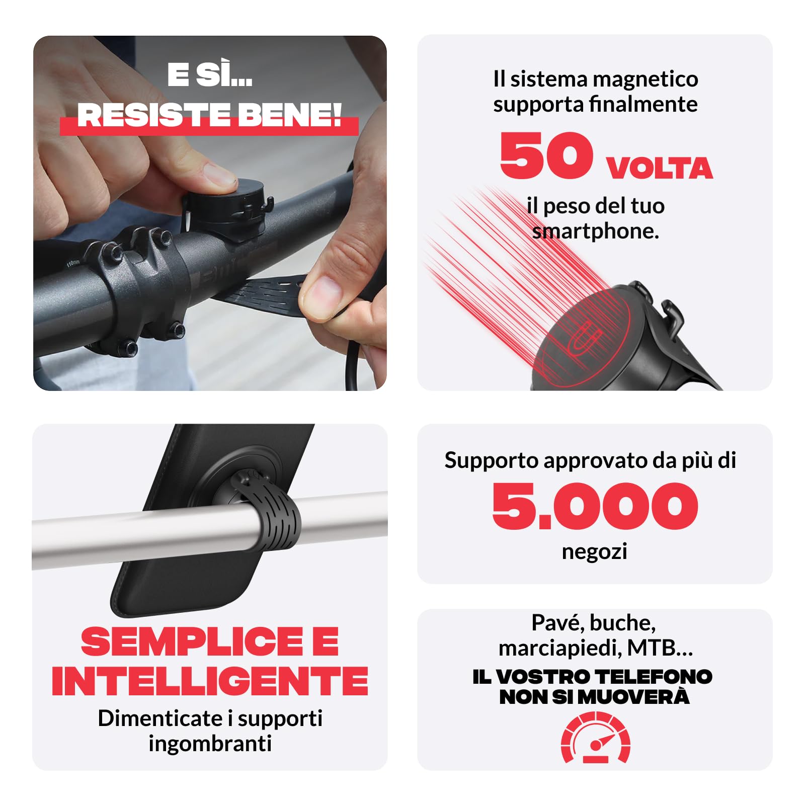 Shapeheart Porta Cellulare Bici Magnetica con Piastra Metallica Adesiva | Adesiva per cover lisce | Manubrio/potenza 20–50 mm | Attacca e stacca in 2 s | Ultrafine 1,5 mm | Per ogni telefono