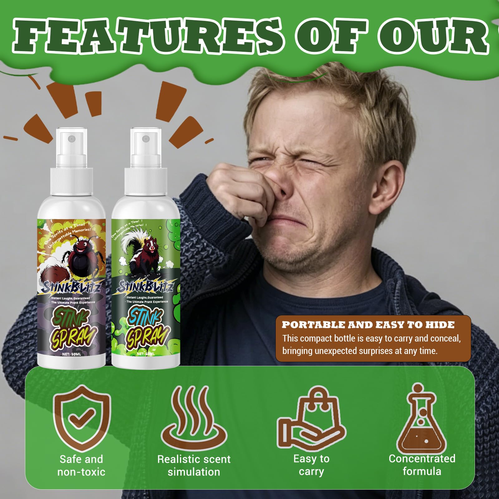 Płynny Spray Flake, śmierdzące butelki, śmierdzące spray, śmieszne dowcipy, bardzo mocny płynny aerozol, zabawny spray do wyciskania dla dorosłych, śmierdzący spray żart (50 ml × 2)
