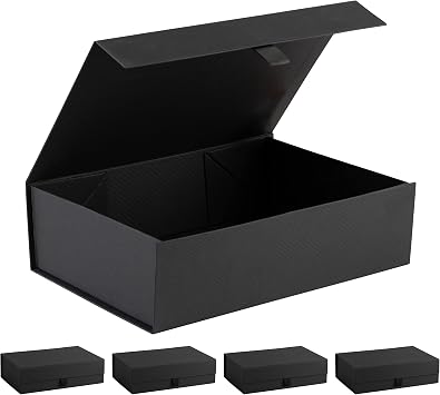 Purple Q Crafts Black Ribbed Hard Gift Box With Magnetic Closure Lid 14" x 9" x 4" Rectangle Favor Boxes With Classy Black Finish 5 Boxes