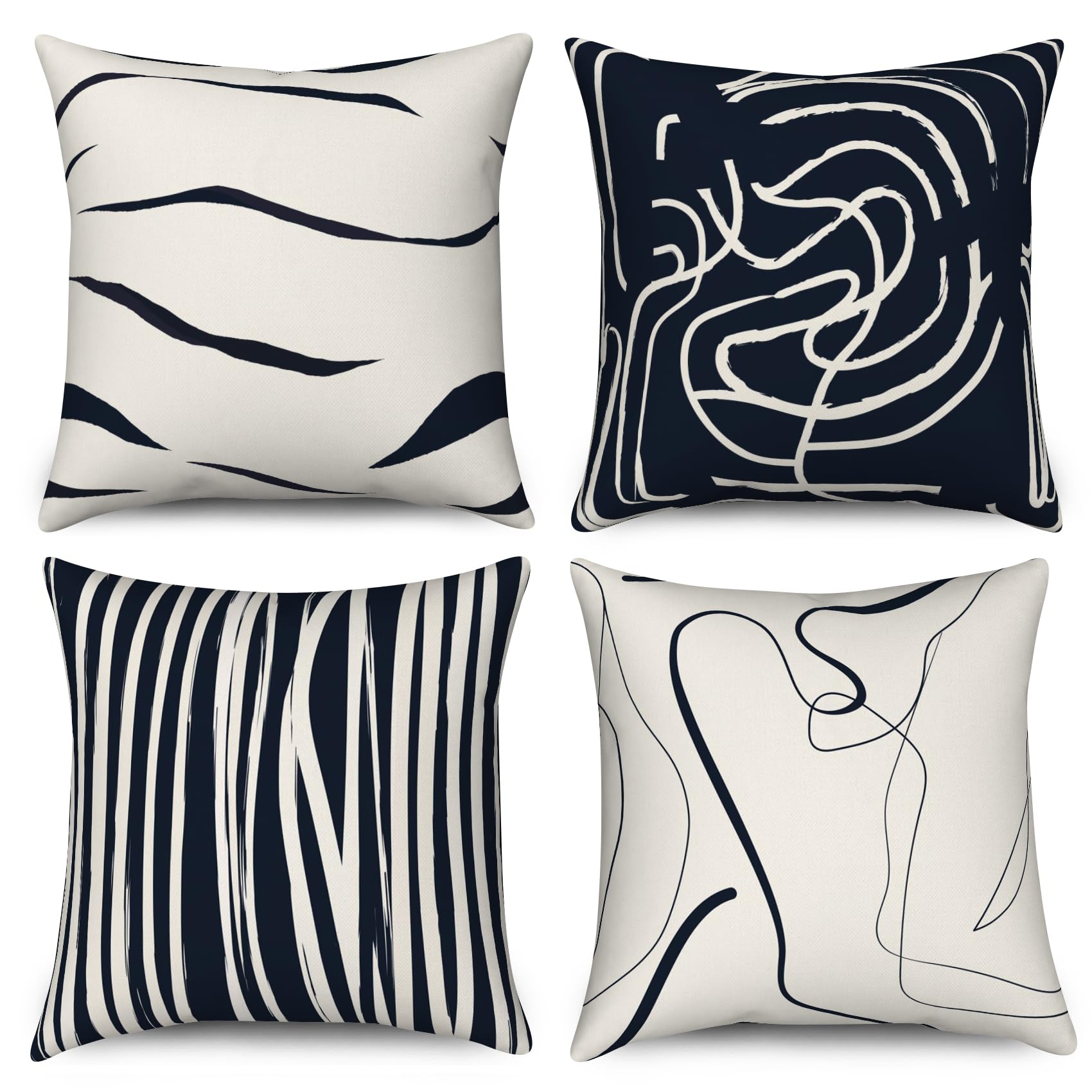 ASDCXZ Cushion Cover 45x45 cm 4pcs Set, Simple Art Lines Dark Blue White Sofa Deco Cushion Covers Cushion Cover Washable Polyester Linen Textile Upholstery Pillow Cover Cushion Cover