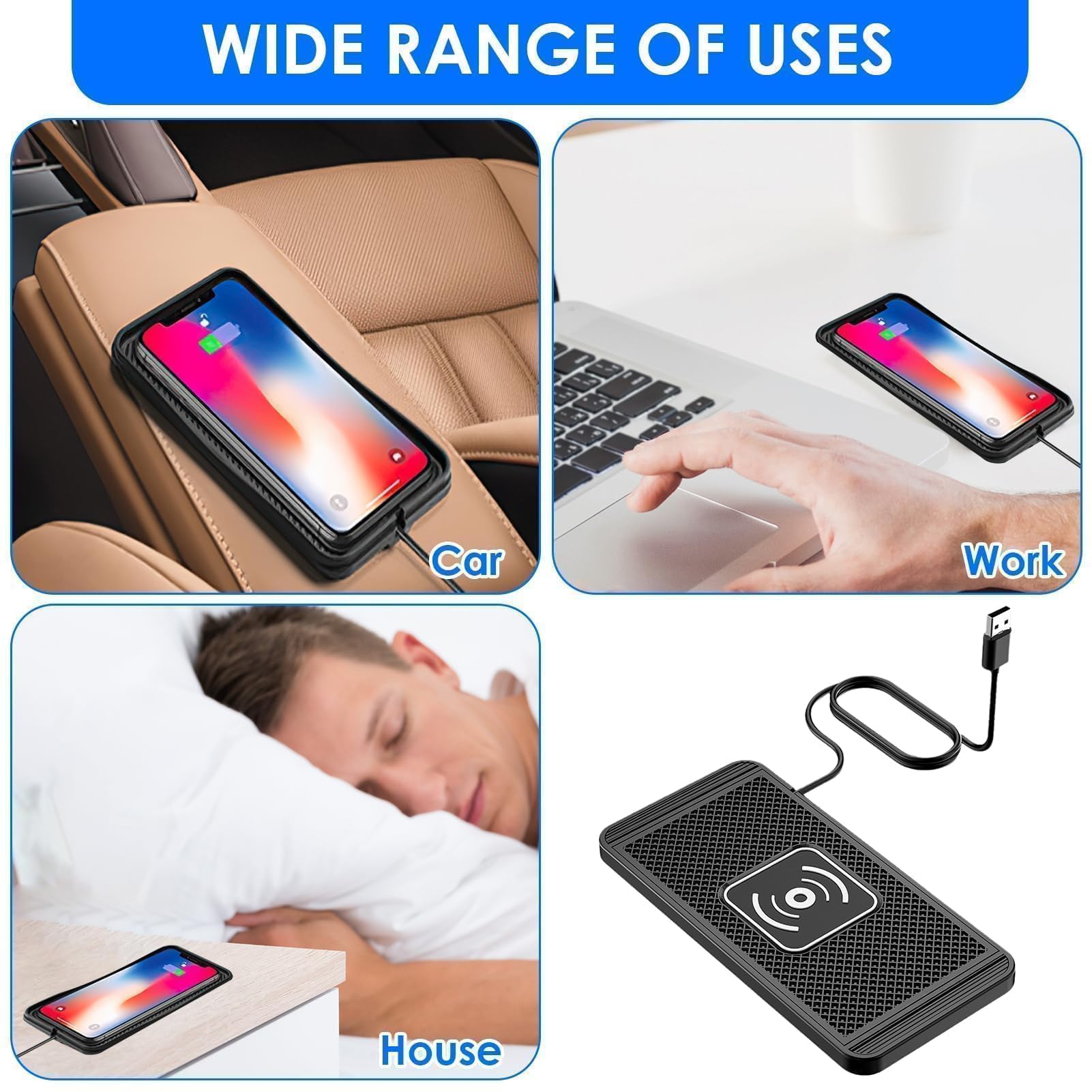 Chargeur de Voiture sans Fil 15W Chargeur Induction Voiture avec PD40W QC3.0 Tapis Chargement Antidérapant Compatible avec iPhone15 14 13 12 11 Samsung S23 S22 AirPods (1m Câble)