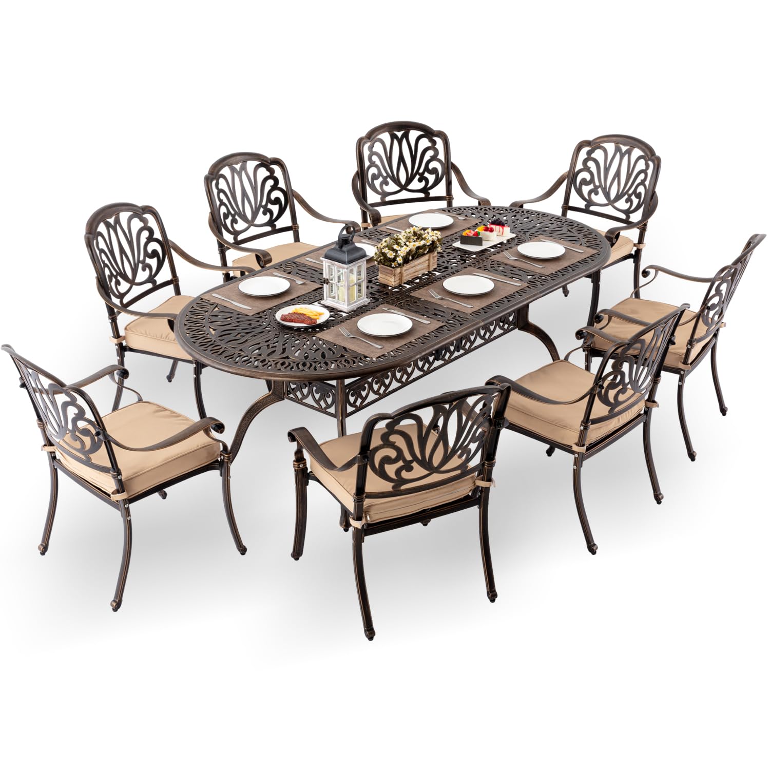AIWOEN 9-Piece Cast Aluminum Patio Furniture, Outdoor Dining Sets for 8 Include 87" Oval Patio Dining Table and 8 Stackable Chairs with Cushions &