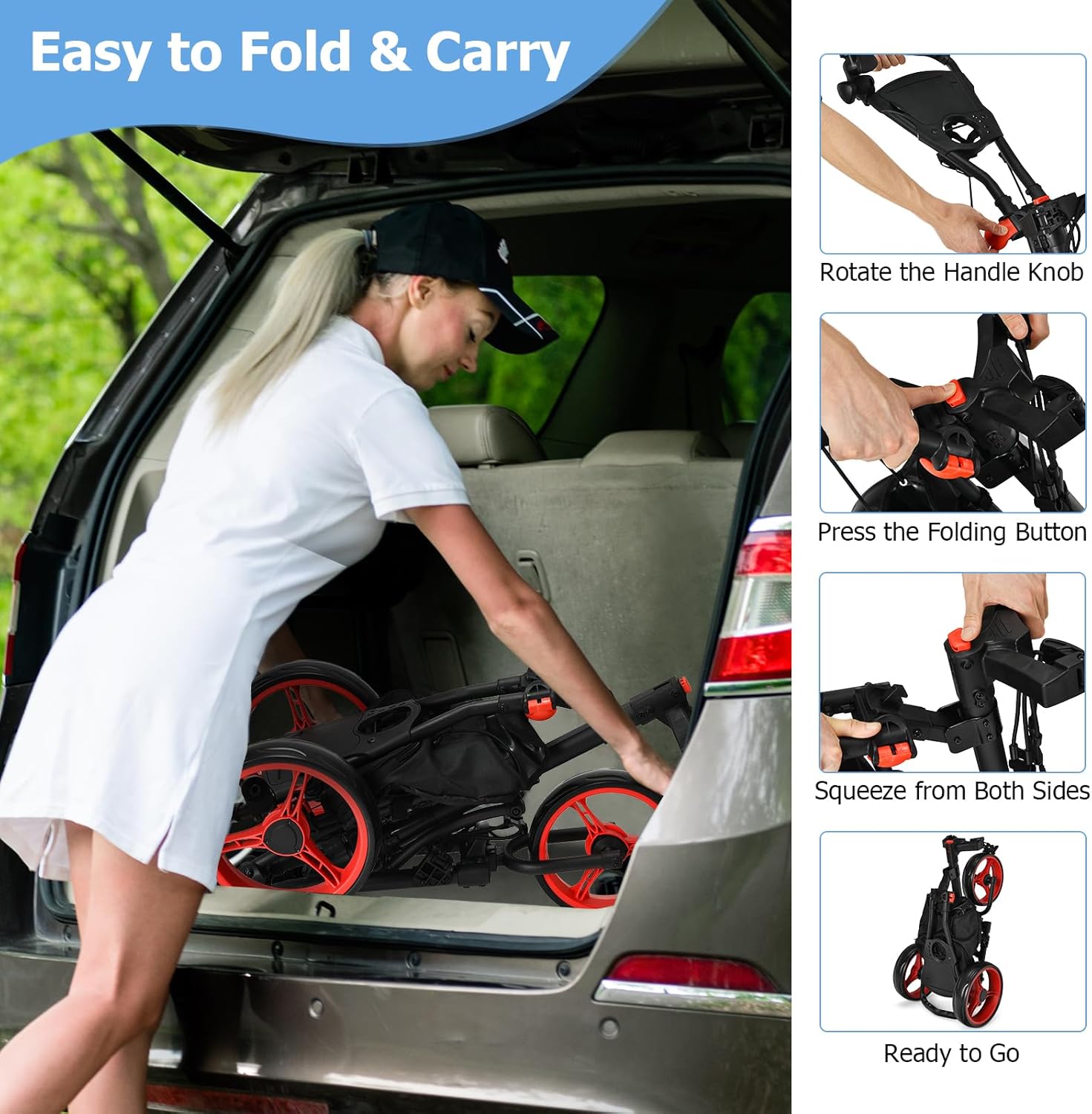 Tangkula Golf Push Pull Cart, Lightweight Aluminum Collapsible 3 Wheels Push Cart, Golf Trolley with Elastic Strap, Umbrella & Cup Holder, Scoreboard Storage & Foot Brake, Golf Cart