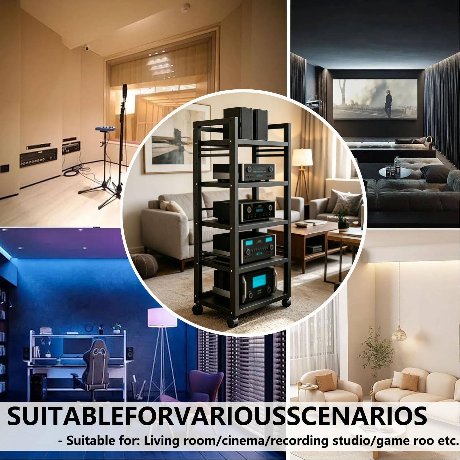 Mobile Hifi 5-Level Audio-Video Con Ruote Universali Altezza Regolabile | Mobile Stereo Hi Fi Rack/Con 360° Ruote/Con Ripiano Regolabile/ Altezza Regolabile/Per Sala Giochi(Teak)