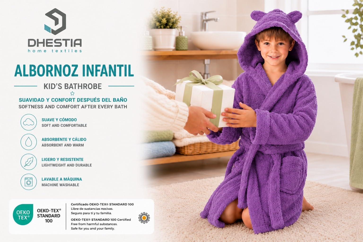 DHESTIA HOME Albornoz Niños y Niñas Unisex - Infantil Capucha con Orejas y Bolsillos - 100% Algodón OEKO-TEX