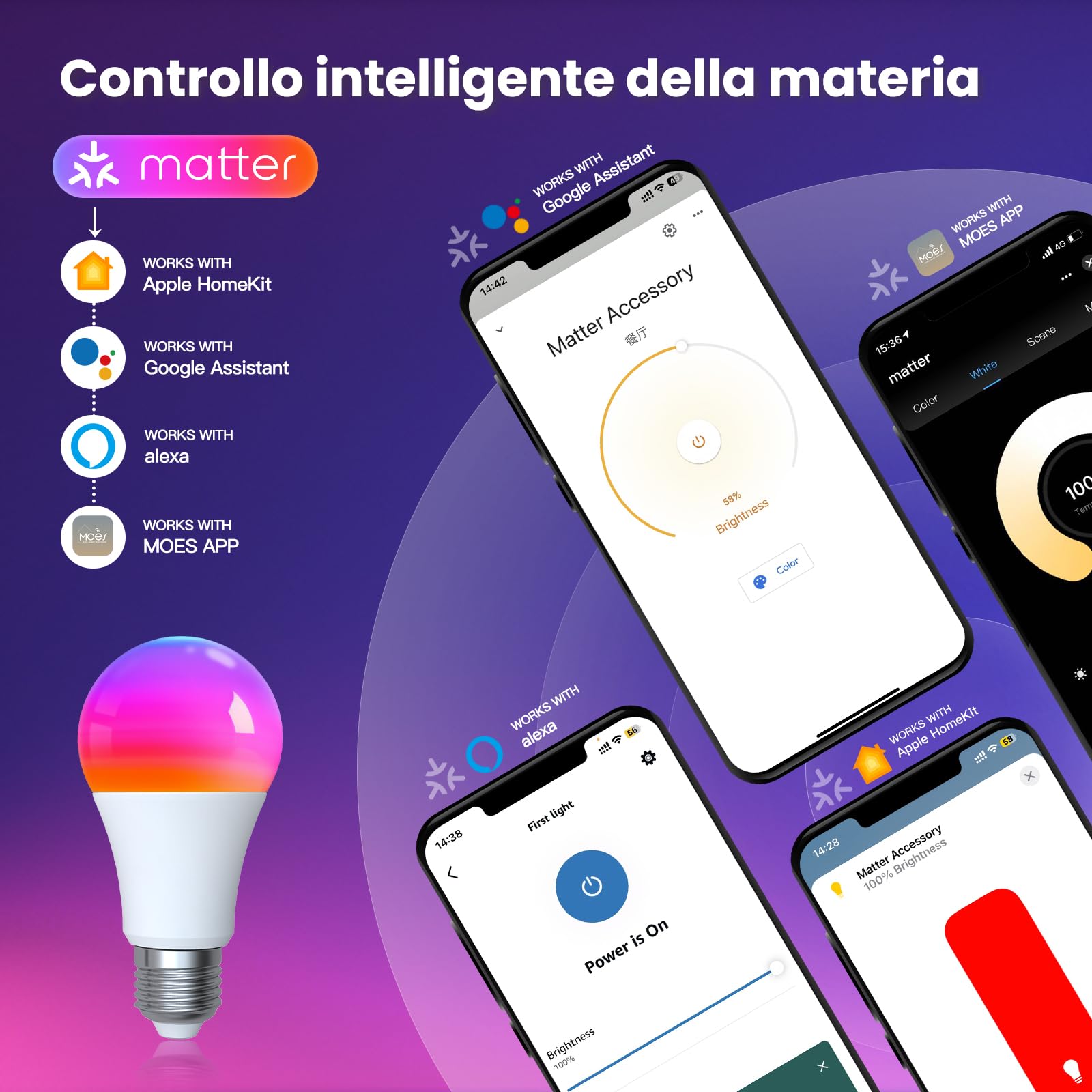 MOES Lampadina intelligente RGB E27 compatibile con Alexa Google Home | Apple Home, 9W 806LM RGB dimmerabile 16 Milioni di Colori, WiFi a 2.4GHz