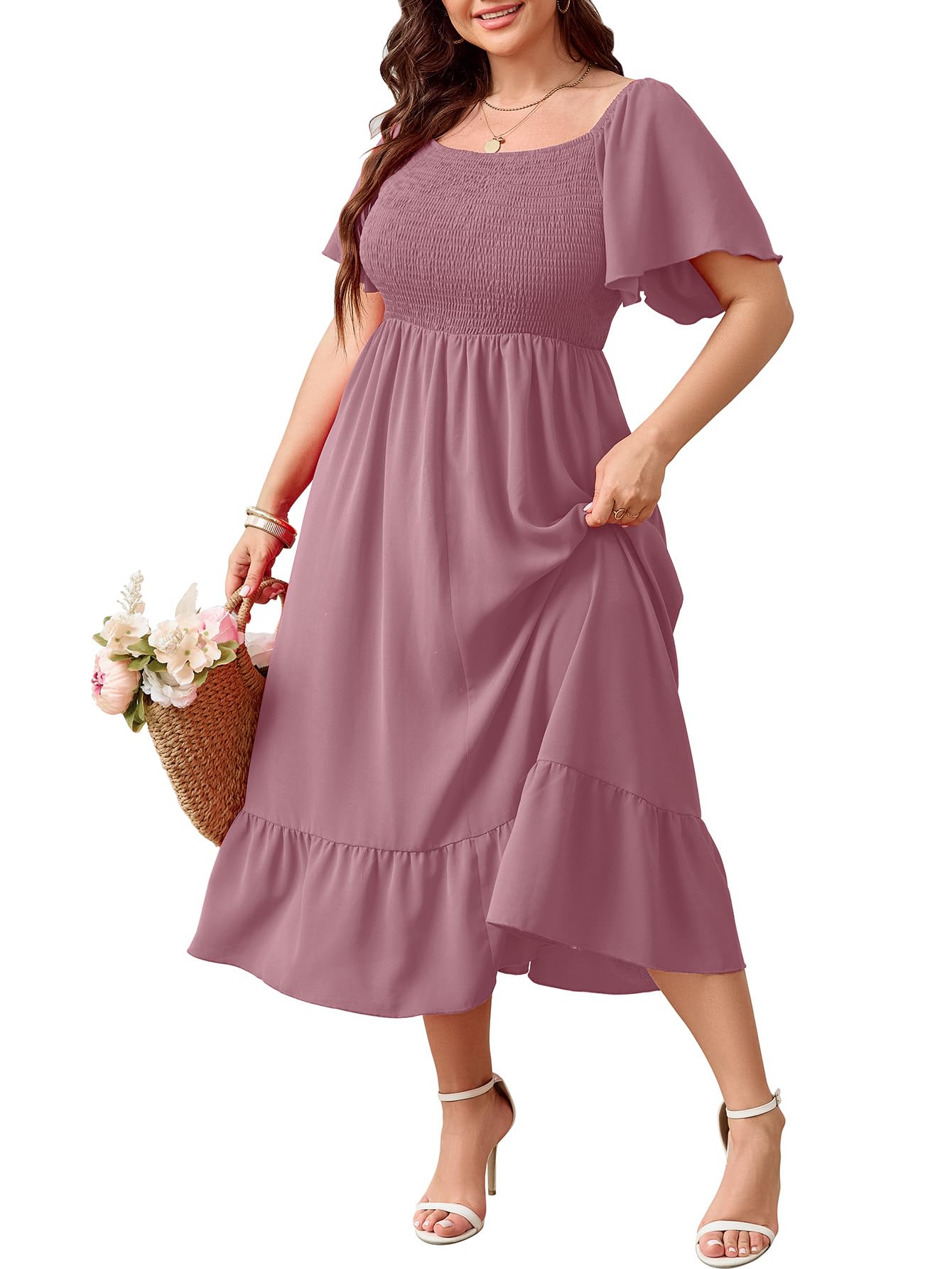 SCOMCHIC Damen Plus Size Sommerkleid Casual Kurzarm U-Ausschnitt Maxikleid Gesmokte Rüschen Boho Flowy Lange Kleider