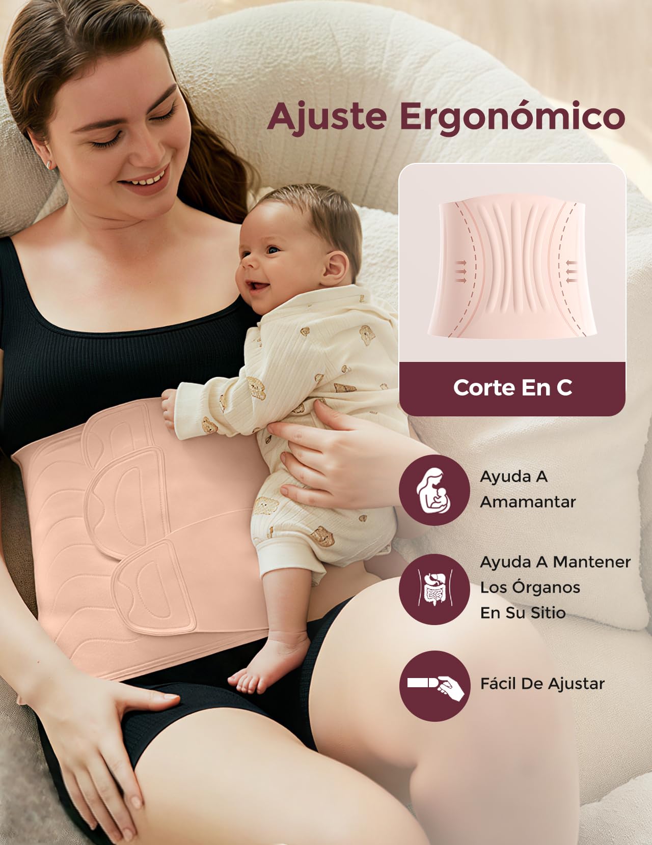 momcozy Ergowrap Faja Postparto Recuperación Abdominal, Faja Postparto Cesárea con Compresión 3D y Soporte Lumbar, Banda Lumbar para Mujer Invisible, Suave y Transpirable, Rosa Ostra