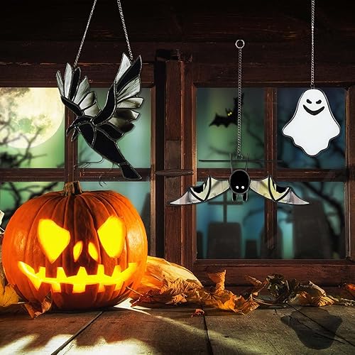 Miniatura 3 de Soaoo 3 piezas de vidrieras de Halloween para colgar en la ventana de murciélagos, decoración de Halloween, decoración de cuervo colgante de