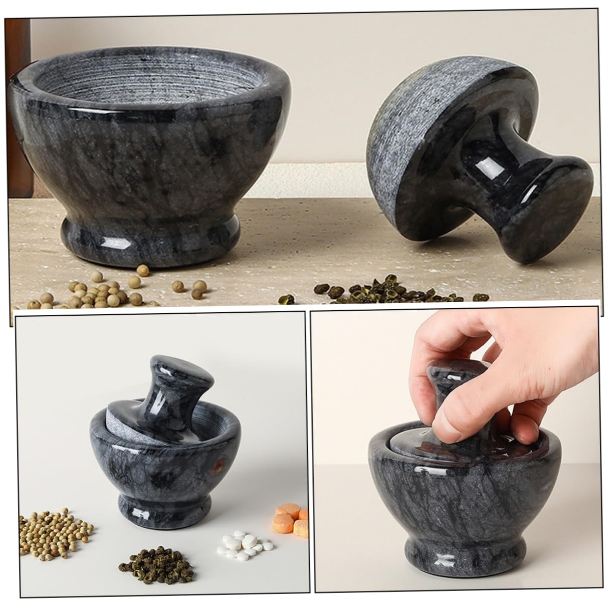 ABOOFAN Mushroom Head Marble Mortar Pestle Set for Kitchen Spice Grinding Bowl Household Seasoning Pestle