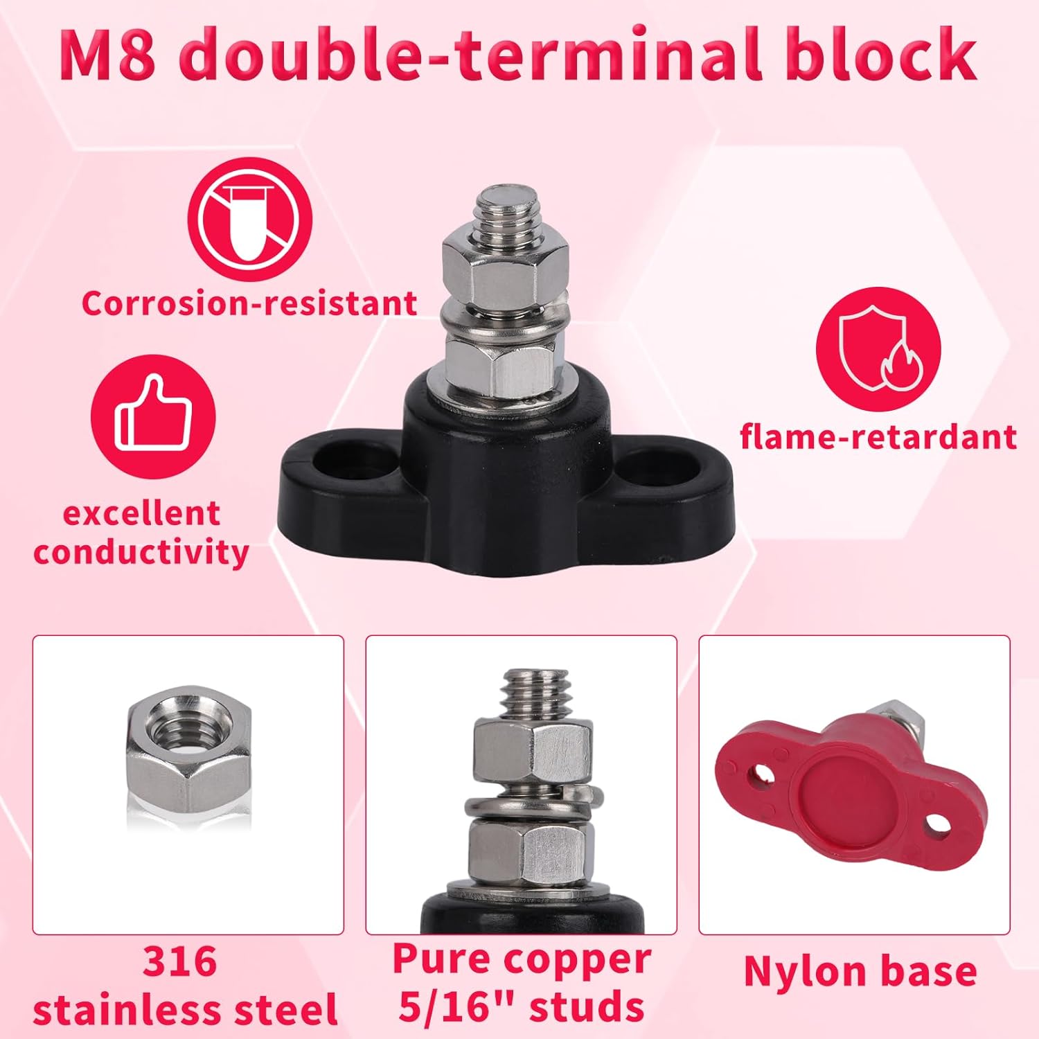 2pcs 12V 150A Power Distribution Block Bus Bar with 4 Screws, Stainless Steel Single Stud Marine Bubar Battery Post Terminal Junction Block for Cars Boats Solar Systems (Red & Black)