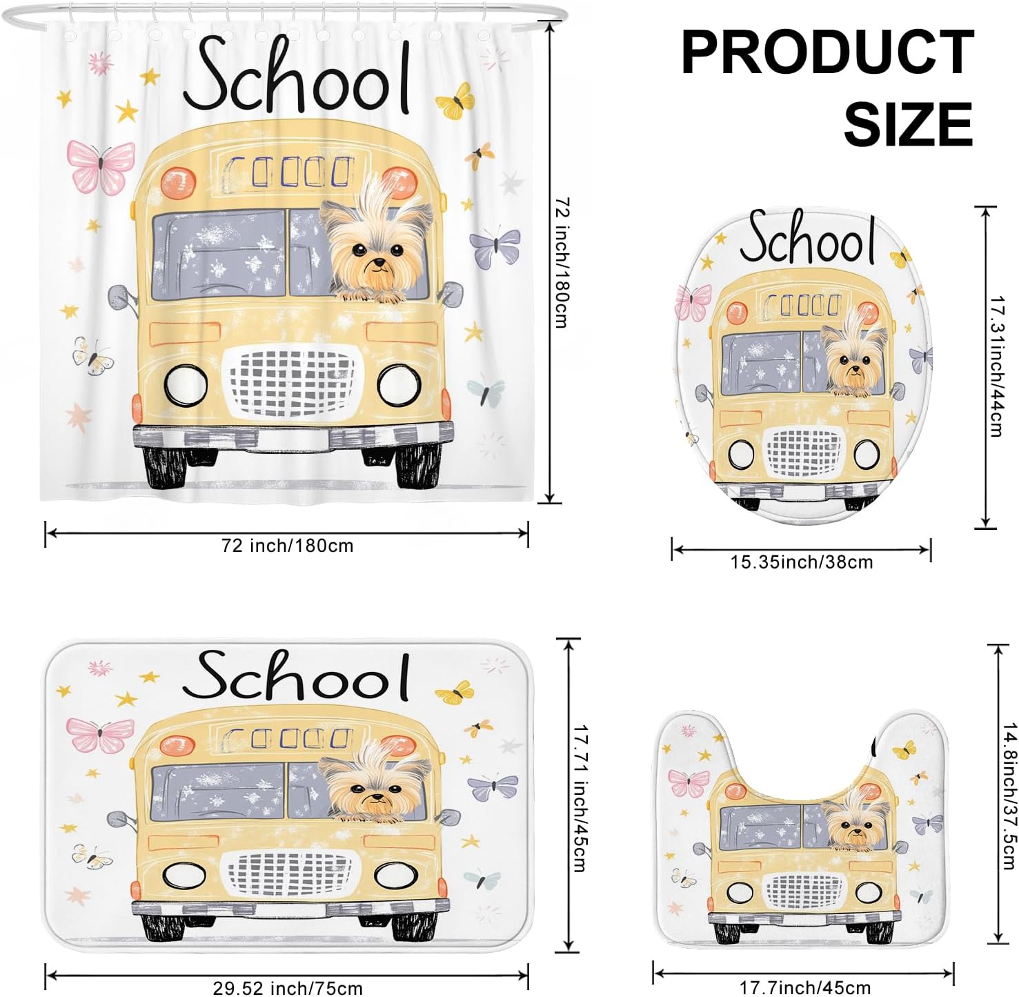 4PCS Cartoon Yorkie Dog Bathroom Accessory Sets with Non-Slip Rug, U Shape and Toilet Lid Cover Mat, Kid School Bus Bathroom Fabric Decor-72''x72''