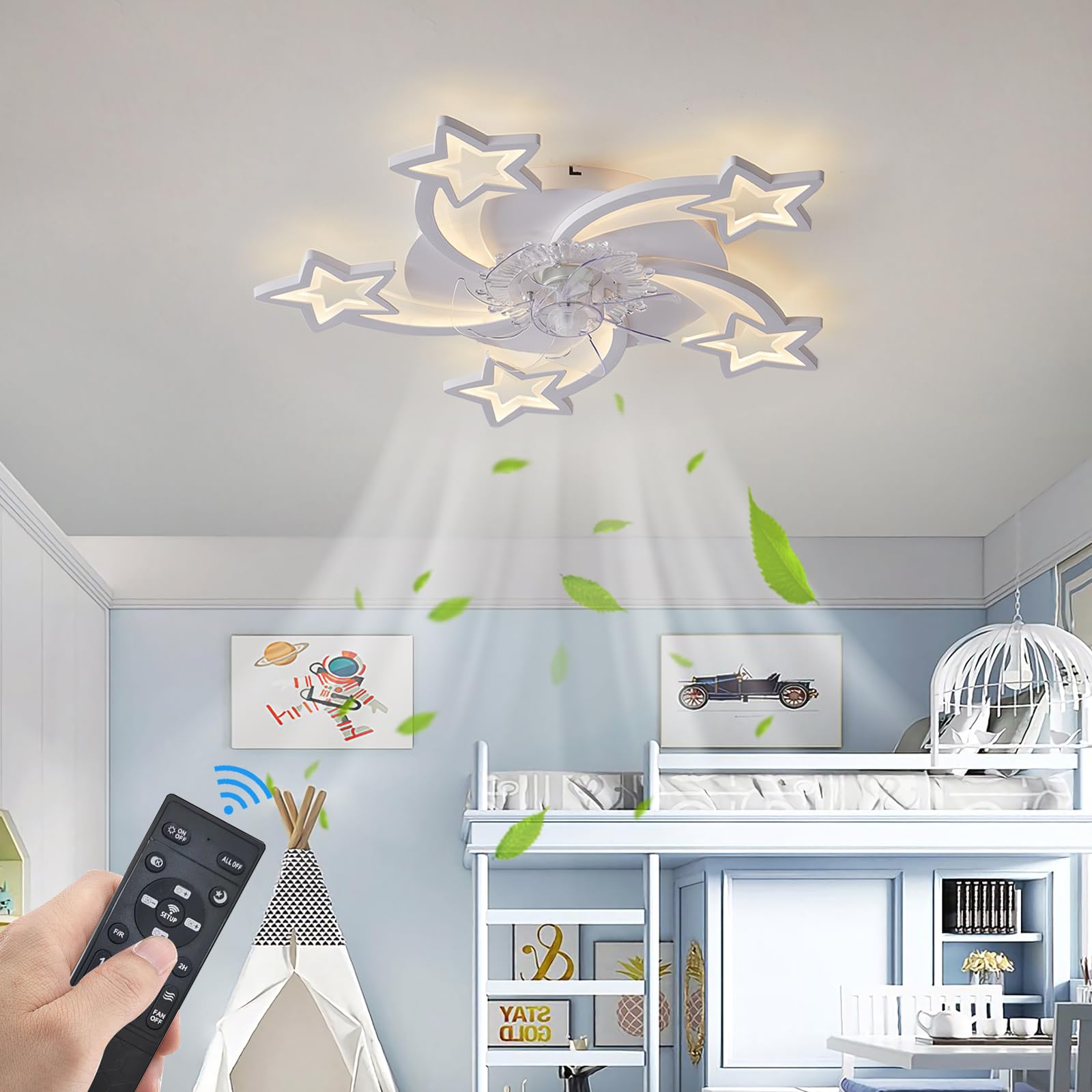 ATEEZ Infantil Ventilador de Techo con Luz Silencioso y Mando Regulable Lamparas con Ventilador de Techo 6 Velocidades Reversible Invierno Verano App Temporizador para Dormitorio Sala de Estar-White