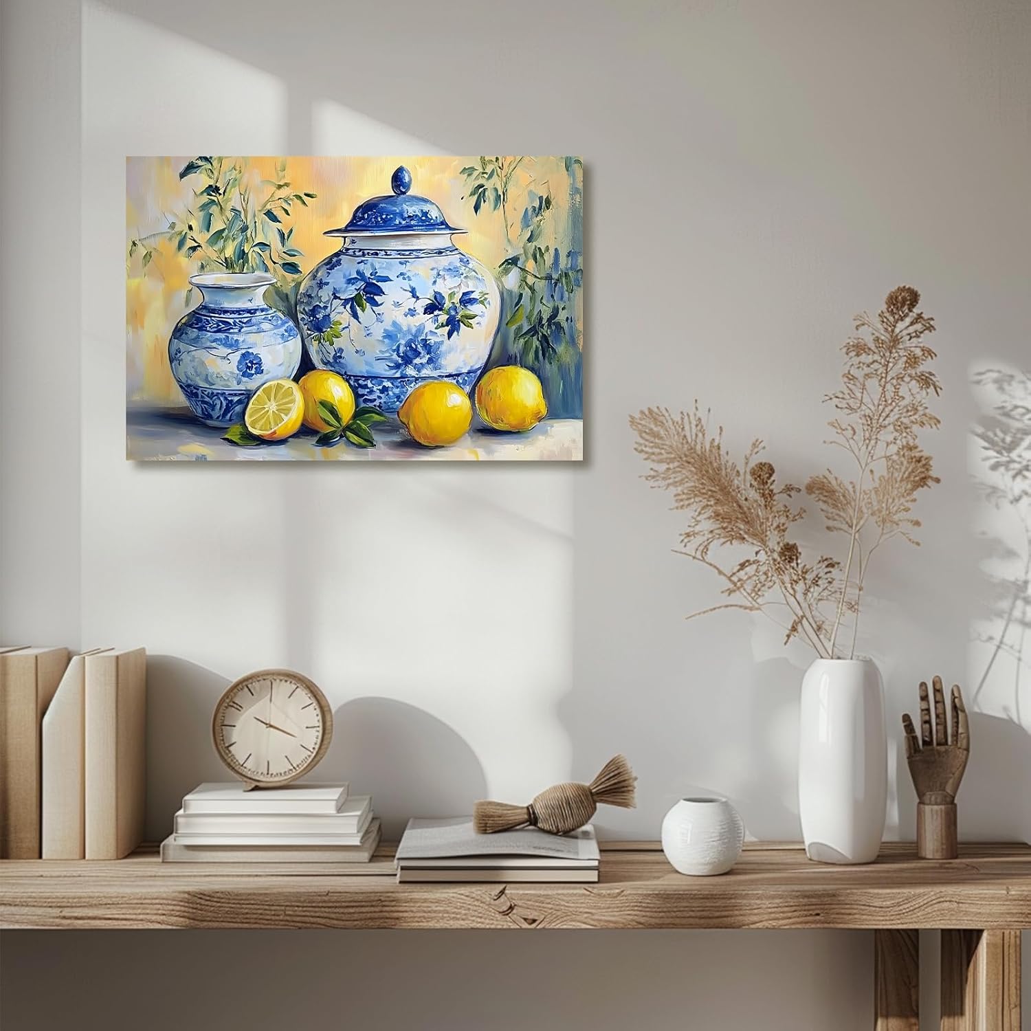 XLMDYYSW Lemon Wall Art Citrus Prints for Kitchen Wall Decor Yellow Fruit Pottery Canvas Picture Blue Classical Painting for Farmhouse Bathroom Framed (Yellow, 12.00" x 18.00")