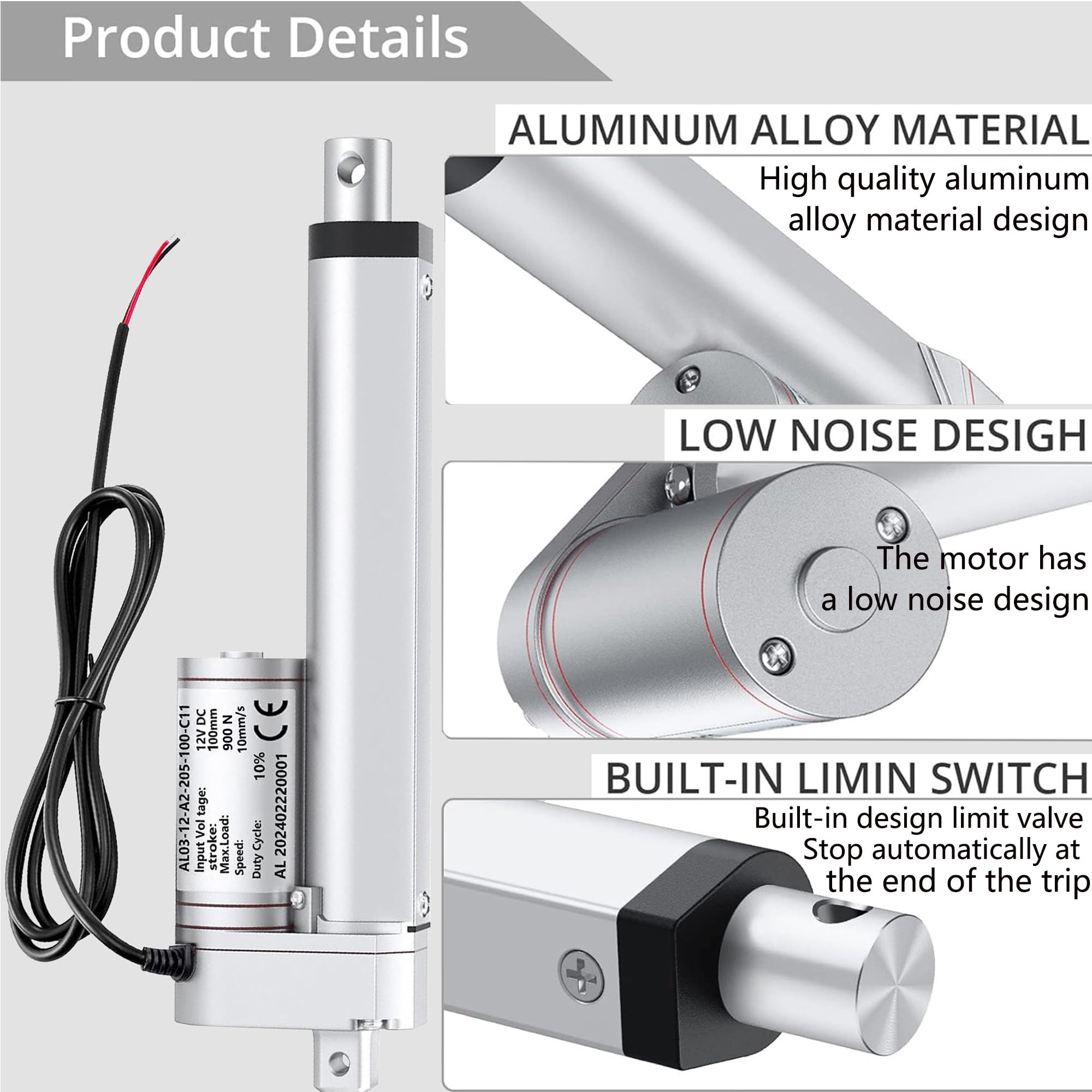AWINLI Actionneur linéaire de 10,2 cm, robuste 91,6 kg (900N) haute vitesse 9 mm/s DC 12 V avec interrupteur à distance inversé et support de montage, pour portes industrielles, poulailler (100 mm)