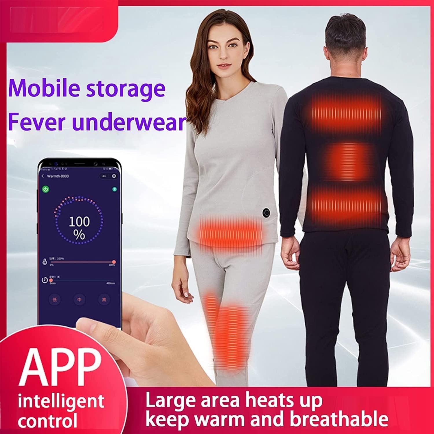 Electric Heated Underwear Set with 3 Heat Settings, USB Rechargeable Washable Thermal Long Johns for Winter Sports
