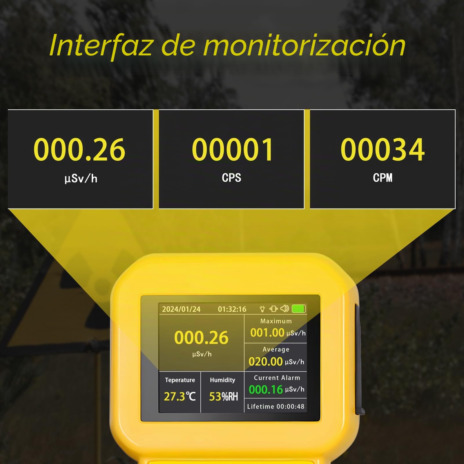 Contador Geiger, Detector de Radiación Nuclear con Pantalla LCD Detector Radioactivo Detecta Beta Gamma Rayos X Nivel CPM c/Alarma, Monitor de Radiación Recargable（Amarillo）