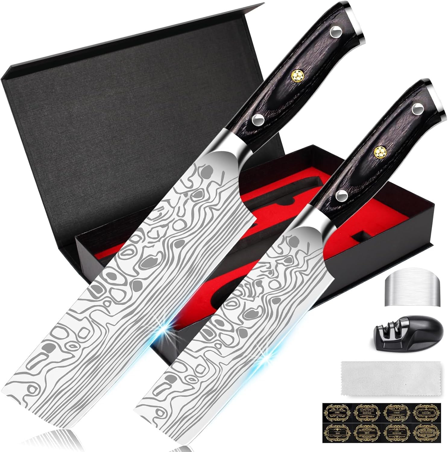 7 "+5.5" Nakiri knife set,Super Sharp German Stainless Steel Kitchen Knives and Cooking Knife, Gift Box Packaging With Knife Sharpener and Finger Protector