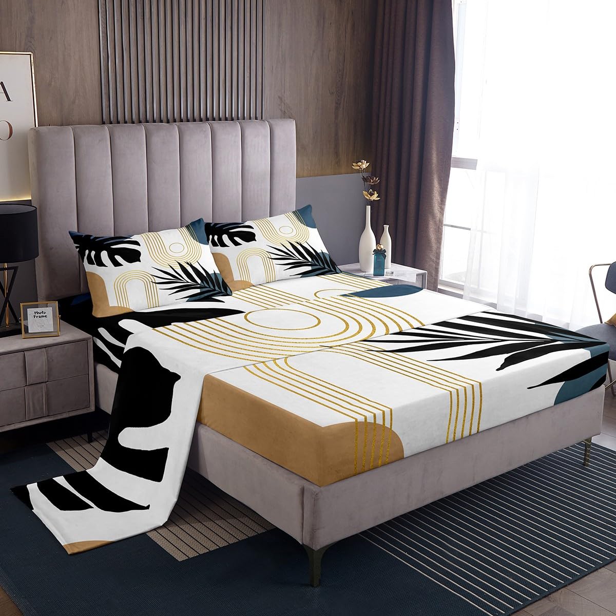 Homewish Juego de sábanas abstractas tropicales dobles, elegante juego de sábanas bohemias de palmera de plantas, juego de ropa de cama minimalista simple de mediados de siglo, sábanas bajeras planas