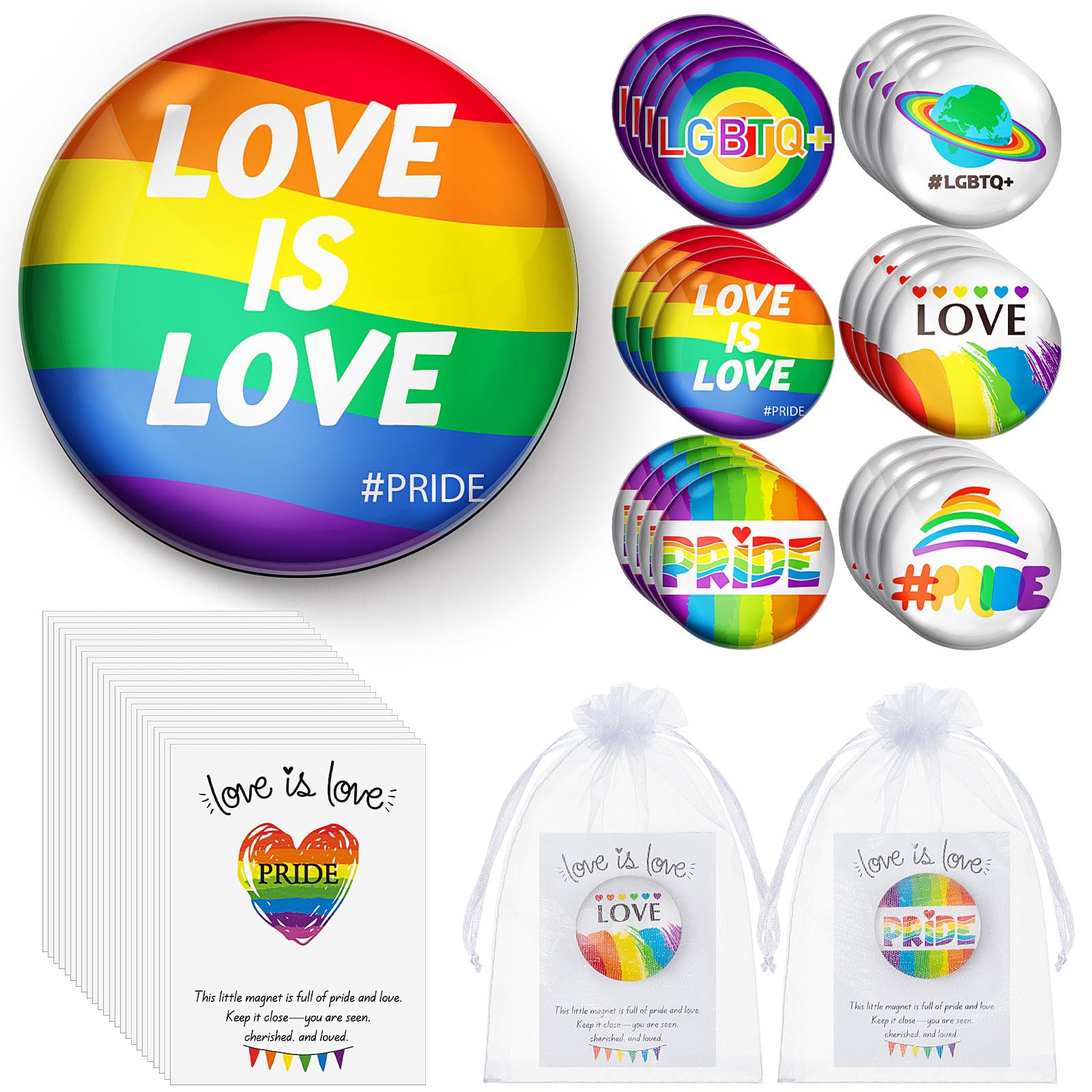 Xuhal 24 Sets Gay Pride Christmas Stocking Stuffers Bulk - Rainbow Fridge Magnets, Cards & Organza Bags, LGBTQ, Holiday Party Favors, Lesbian