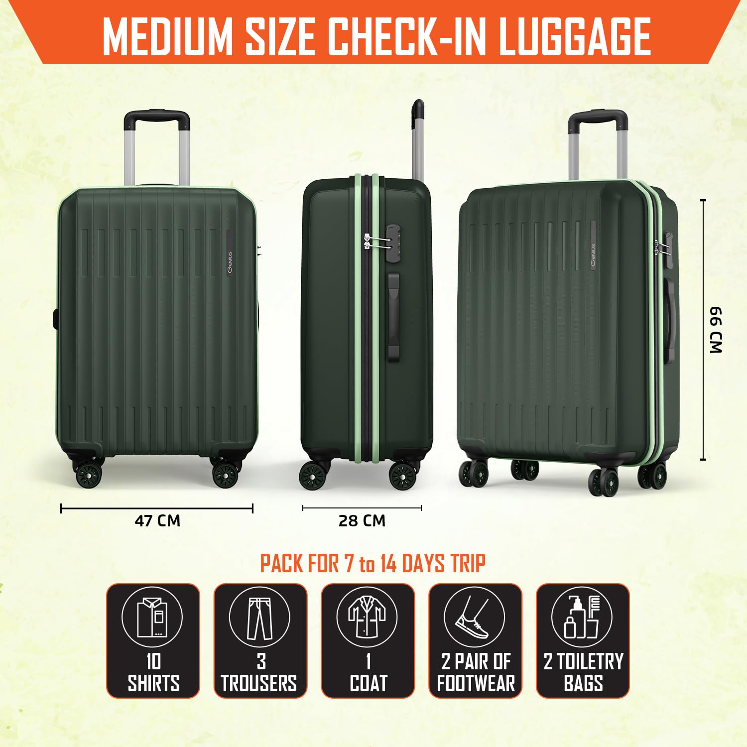 Safari Genius Alley 66cm Medium Check-in Trolley Bag Hard Case Polypropylene, 4 Spinner Wheels, 360 Degree Wheeling Luggage, Travel Bag, Suitcase for Travel, Trolley Bags for Travel, Deep Forrest — Amazon image 8