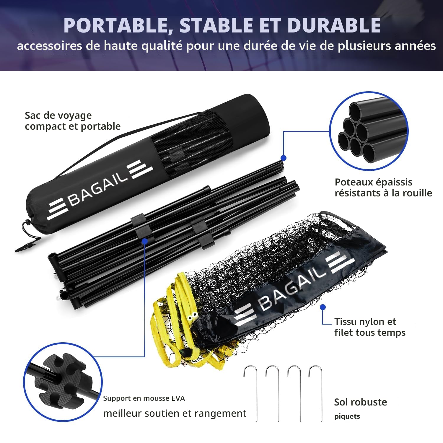 Filet de Badminton, Filet en Nylon Pliable, Support réglable en Hauteur et Sac à Main Portable, Facile à Assembler ou à démonter, idéal pour Le Tennis, Le Badminton pour Enfants ou Le Volley - Ball