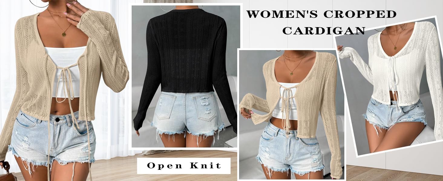 Tie Front Tops for Women Sheer Knit Cardigan Openwork Bolero Shrug Cover Up Sweater with Floral Details, S-XXL - Image 8