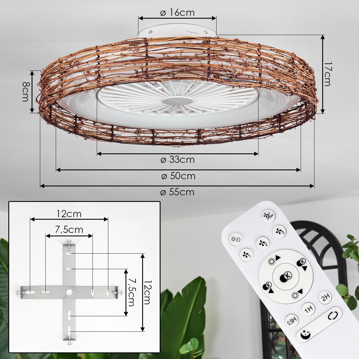 Plafondventilator Wit Met Hout Print 55cm Incl. LED Dimbaar Met Afstandsbediening Clima