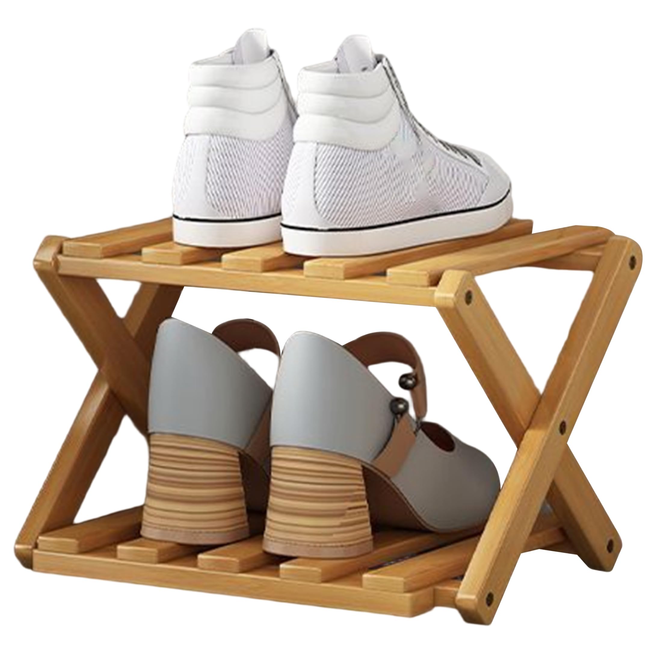 Bemonew Skinny Shoe Rack, 2 Tier Foldable Bamboo Shoe Rack Narrow Organizer Extendable for Entryway, Closet - Khaki