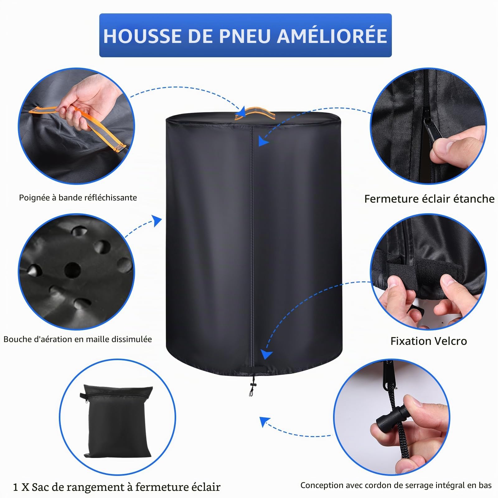 Grand Sac pour pneus de Voiture, Rangement Universel 420D Robuste pour 4 pneus, Housse de Pneu avec Fermeture éclair, Bandes imperméables, Bandes réfléchissantes (Ø 84 cm x H 120 cm)