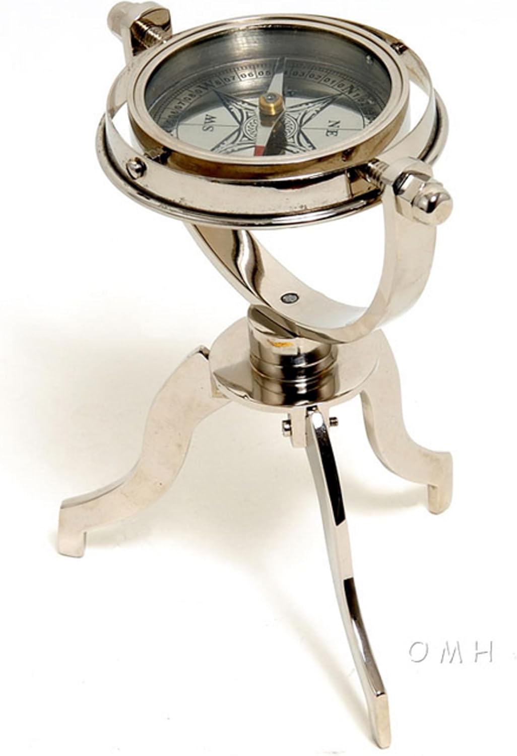 Old Modern Handicrafts Gimbaled Compass on Tristand - Made from Brass with a Silver Tinted Finish - 5.0L x 5.0W x 8.5H Inches