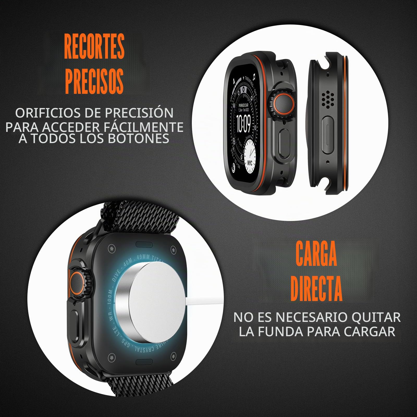 Funda Metal Resistente Compatible con Apple Watch Ultra 3/2/1 49 mm, Funda Protectora de Metal con Cubierta Trasera para iWatch 49mm, Negro/Naranja