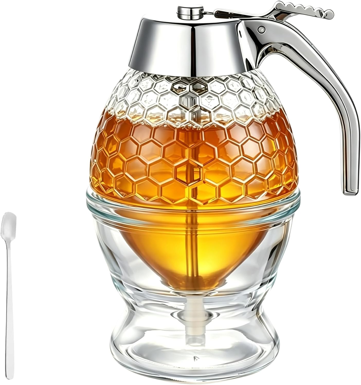 8 Oz Glass Honey Dispenser No Drip Bottom Flow Syrup Container with Base and Spoon Flip Top Lid Clear Glass Jar for Honey Maple Syrup Condiments Kitchen Storage and Tabletop Use