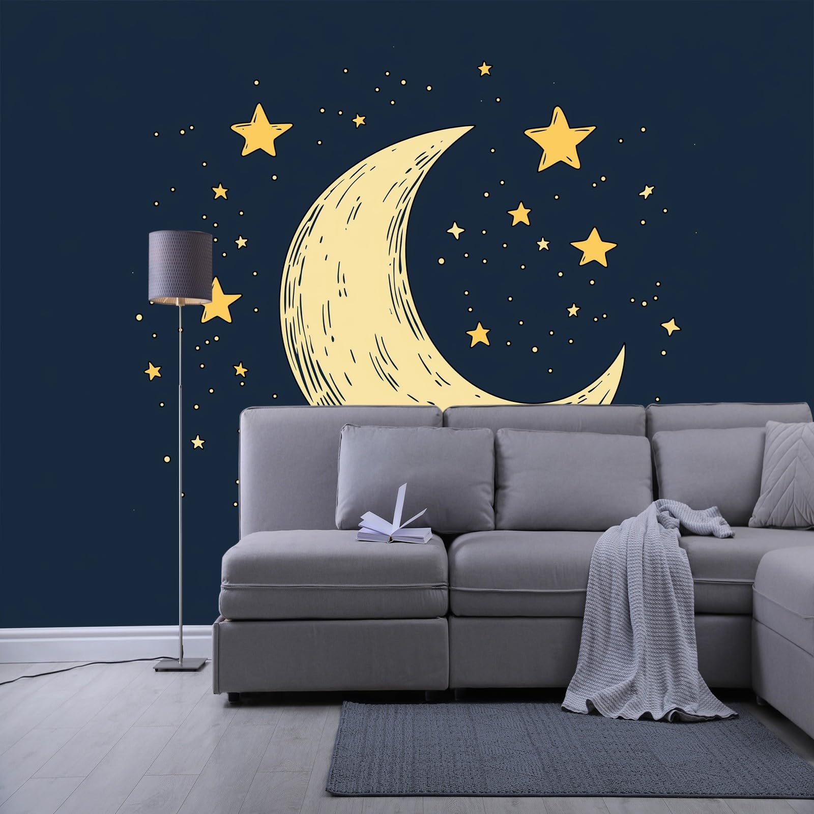 Tapeta ścienna z księżycem i gwiazdami w stylu Doodle, fototapeta, księżyc i gwiazdy, tapeta ścienna, 400 x 280 cm (szer. x wys.), dekoracja ścienna, tapeta dekoracyjna, tapeta ścienna, tapeta do
